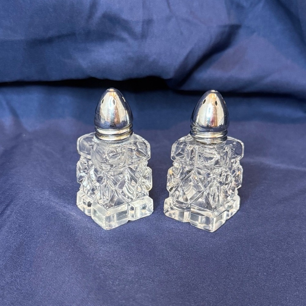 Vintage Cut Glass Salt and Pepper Shakers Diamond Point Chrome Tops Set of 2
